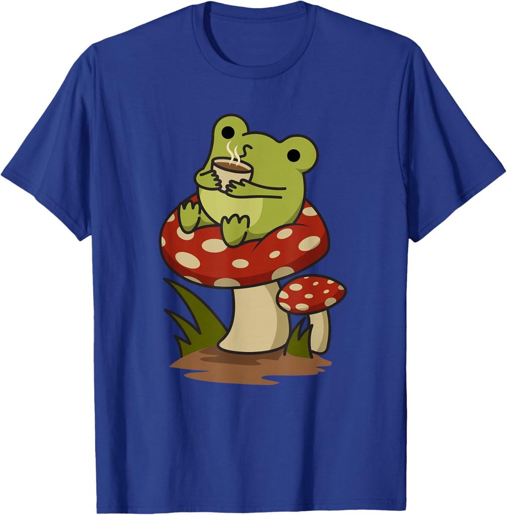 Cute Frog Drinking Coffee on Mushroom Cottagecore Aesthetic Graphic Tee Casual Cotton T-Shirt