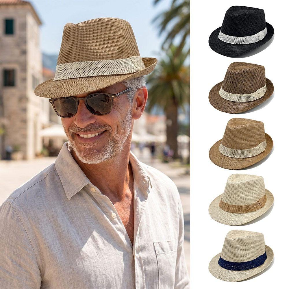 Solid Color Jazz Hat Woven Stripe Panama Cap New Sunshade Hat  Men Women