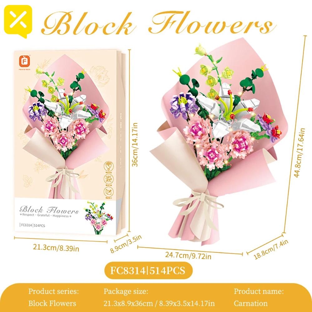 TOYLINX 514PCS Artificial Flower Bouquet Building Blocks Collection Flower Bouquet Building Set Home Decor Valentines Day Gifts