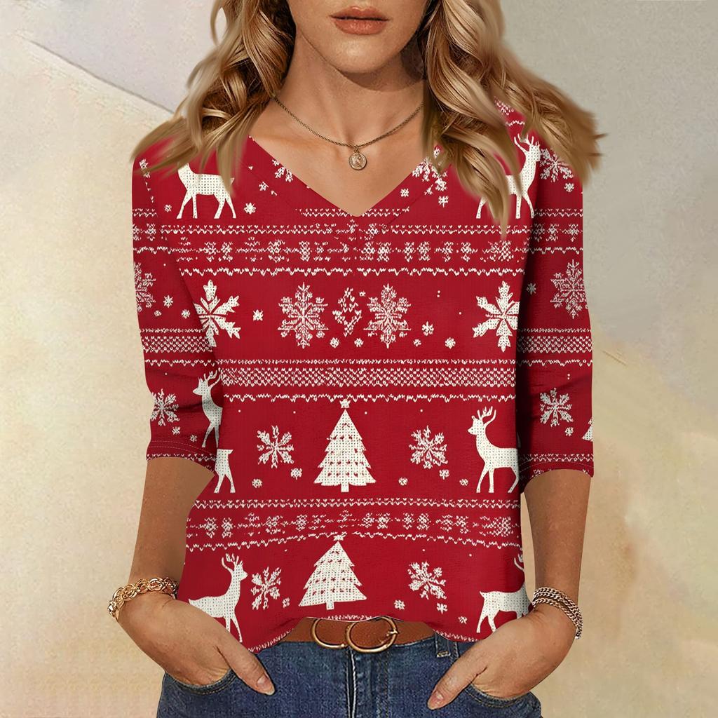 Women's Casual Christmas Print V-Neck Three-Quarter Sleeve Loose Fit Blouse for Holiday Party