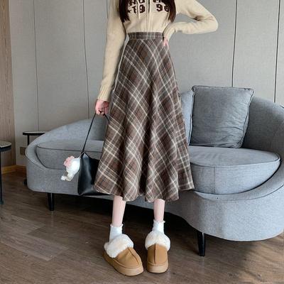 Coffee Wool Plaid Skirt for Women with High Waist Slim Skirt for A-line Midi-length Umbrella Skirt