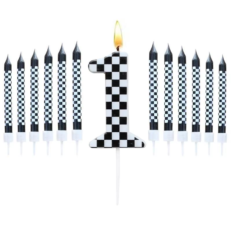 1/6/12/13 Pcs Racing Cars Themed Birthday Candles Black and White Race Number Checkered Candle Cake Topper for Racing Car Party