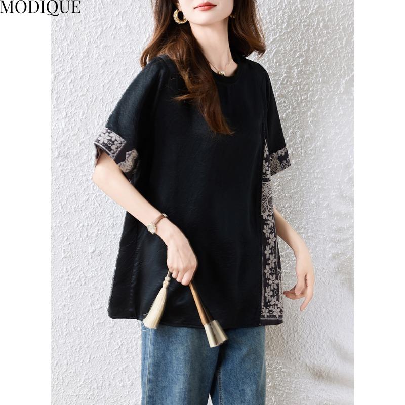 MODIQUE Spring Summer Plus Size New Women Loose Vintage Print Blouse Shirts Female Casual Oversize Spliced Short Sleeve O-Neck Top Folk