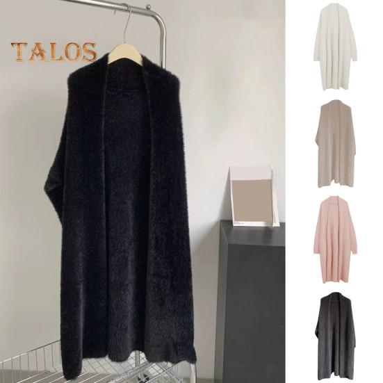 Damen Pullover Mantel Kragenlos Fledermausärmel Langarm Einfarbig Strick Cardigan Vorne Offen Mittellange Strickmode