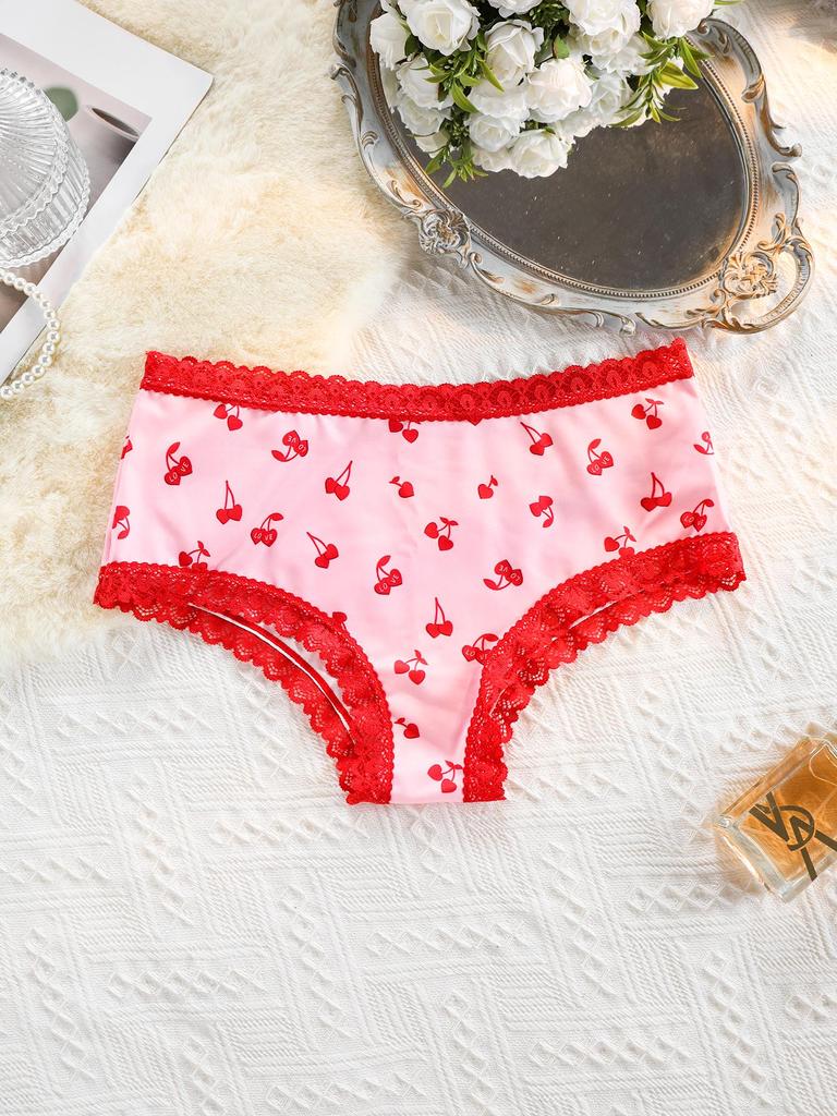 Cherry Print Women's Lace Trim Seamless Cotton Panties - No Ride Up Triangle Style