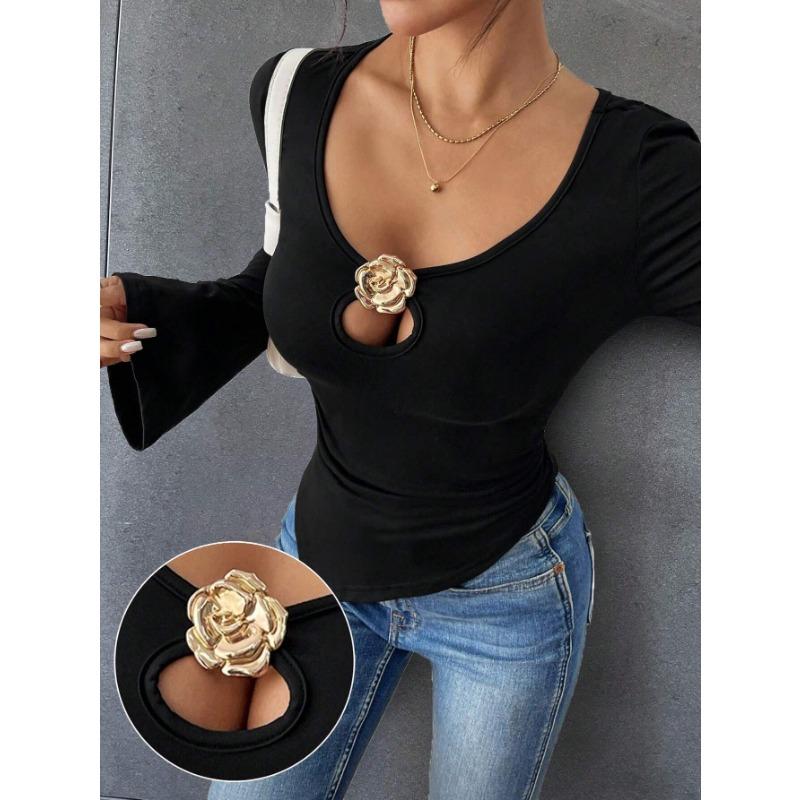 

Женская сексуальная асимметричная футболка с ажурными металлическими пуговицами XXL чёрный