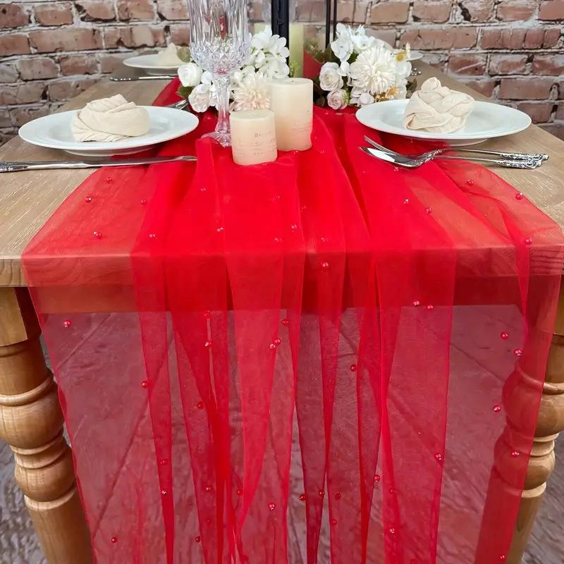 Wedding Pearl Chiffon Decorative Tablecloth Solid Color Mesh Dessert Tablecloth Lace Bridal For Wedding Birthday Party Supplies