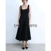 Spring New Women's Clothing Hepburn Style Minimalist Long Wide Shoulder Strap Square Collar Midi Skirt Dress 4088046