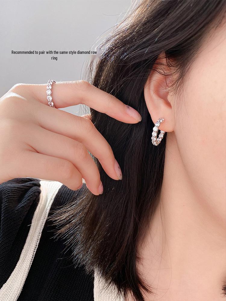 S925 Silver C-Shaped Stud Earrings: Shiny Pave-Set Fashion Luxury Round Hoops