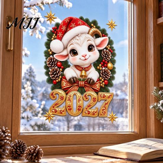 Holiday Glass Ornaments 2027 Year of The Sheep Wreath Window Cling, Christmas Cute Static Sticker, Festive New Decals Zodiac Decal, Reusable PVC Cling