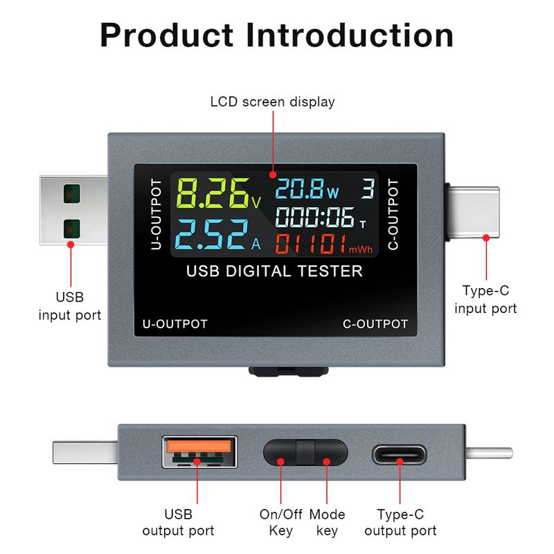 Type-C USB Tester Voltmeter Ammeter DC4.5~50V Digital Voltage Current Power Meter Cell Phone Charging Battery Capacity Detector