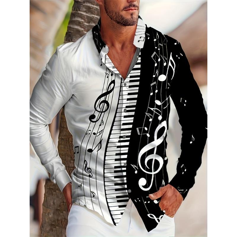 2024 Fashion Men s Shirt Musical Notes 3D Printed Lapel Button Top Long Sleeve Shirt Clothing Everyday Casual Men s Shirt S