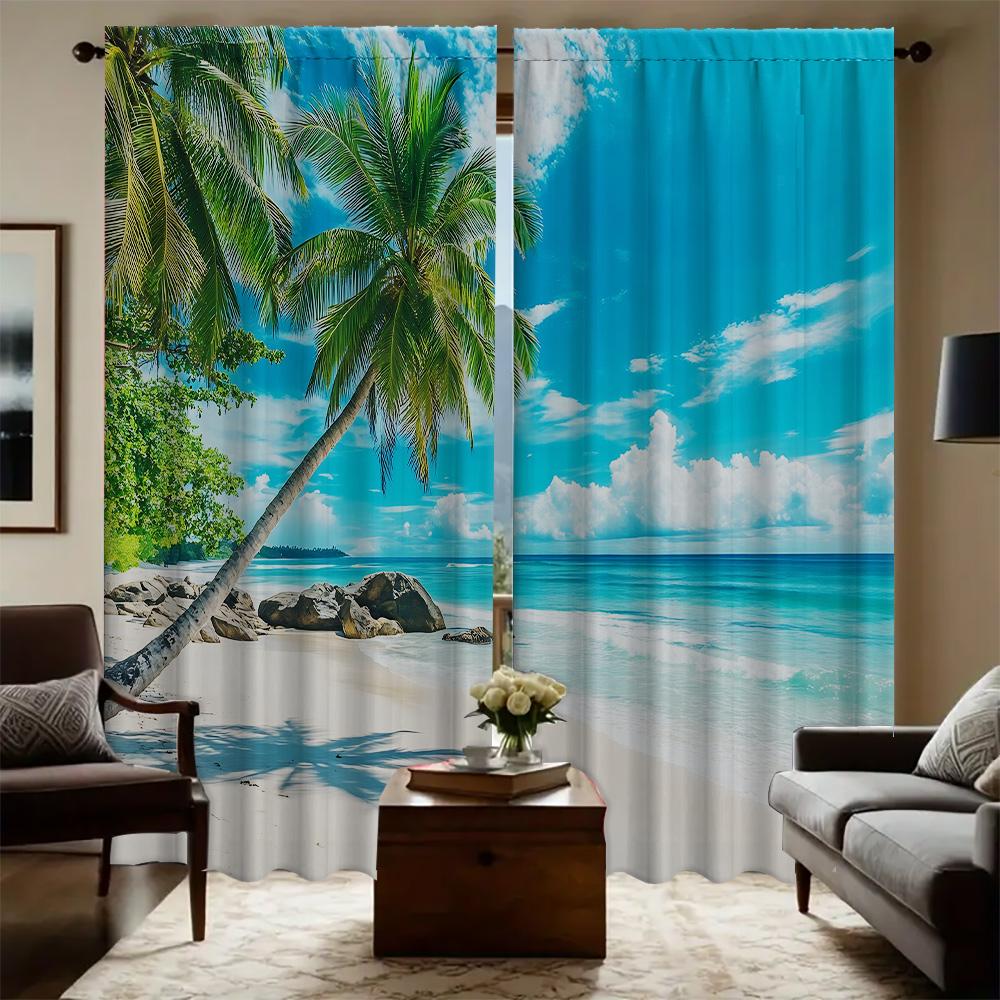 2PC Home Coconut Tree Sea View Curtains With Landscape Background And Pole Pocket Curtains, Kitchen, Coffee Shop, Living Room, B