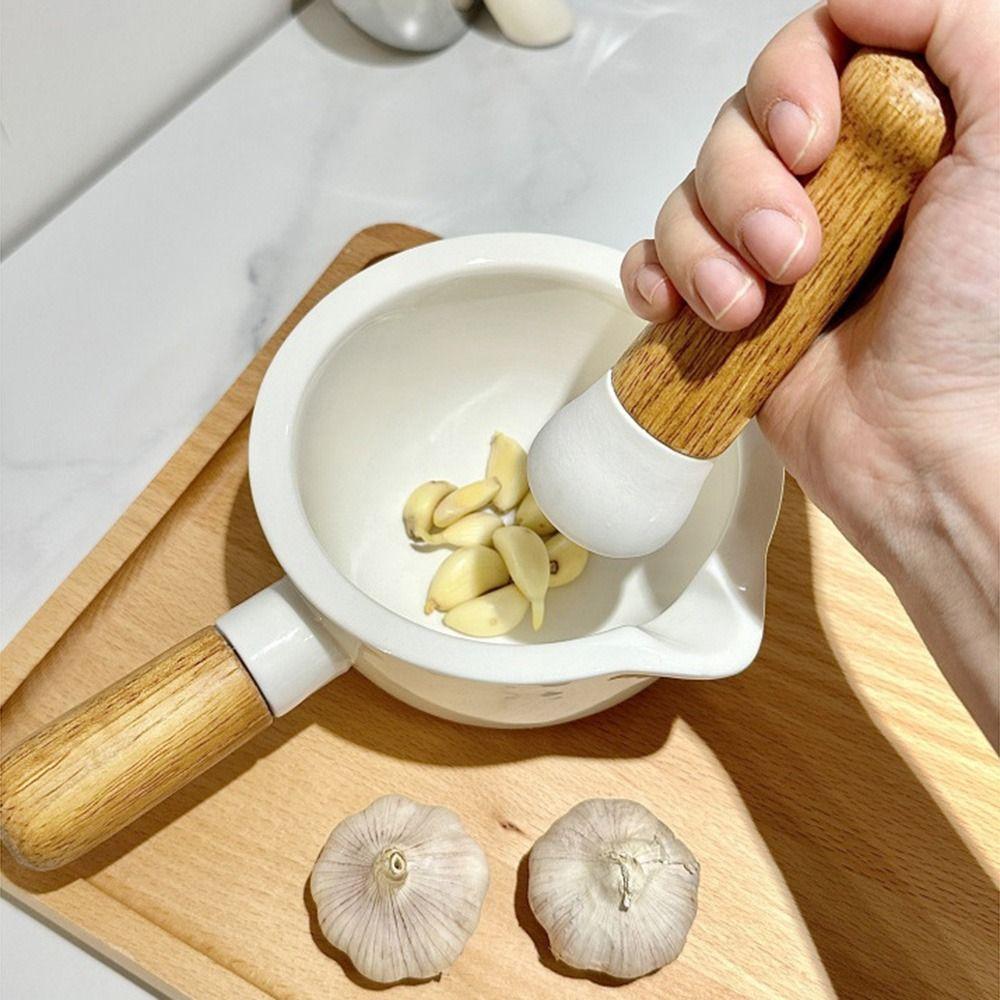 with Wood Handle Hand-held Mashing Jar Manual Pottery Grinding Bowl  Household