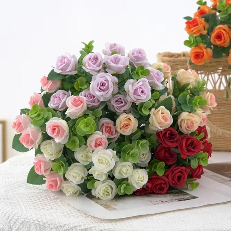 Artificial Eucalyptus Leaves & Silk Roses Bouquet, Fake Flowers for Vase, Home Outdoor Garden Festival Wedding Party Table Decor