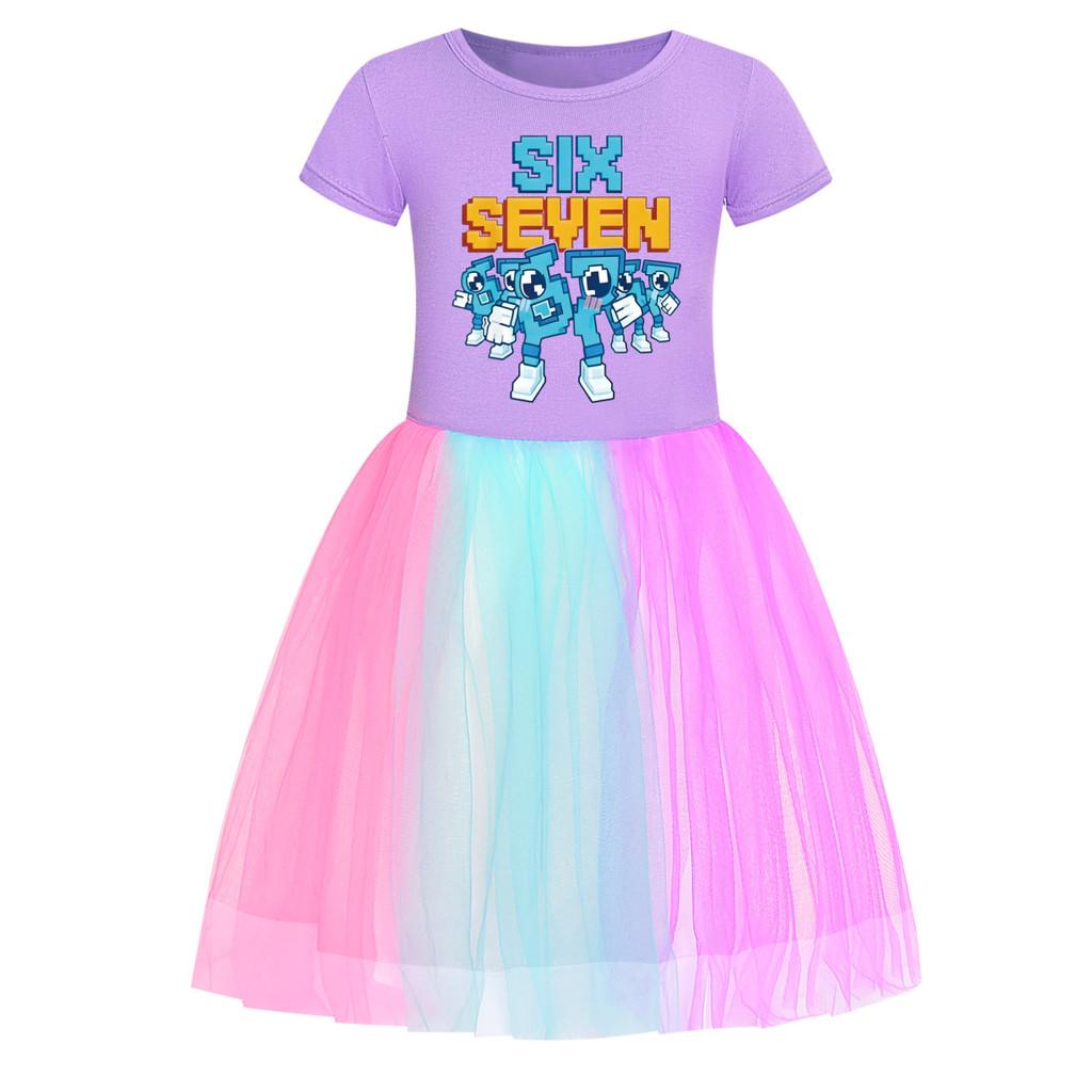 5195 Kids Girls Steal a Brainrot 67 Six Seven Print Mesh Rainbow Round Neck Casual Casual Cotton Dress