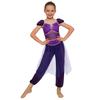 Girls Belly Dance Costume Arabian Princess Rompers Sequined Waist Tulle Overlay Jumpsuit Contrast Color Rhinestone Decor