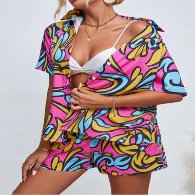Conjuntos de 2 Piezas para Mujer Outfits Nuevos Casuales de Verano Camisa con Estampado de Botones Sencillos y Conjunto de Shorts para Mujer
