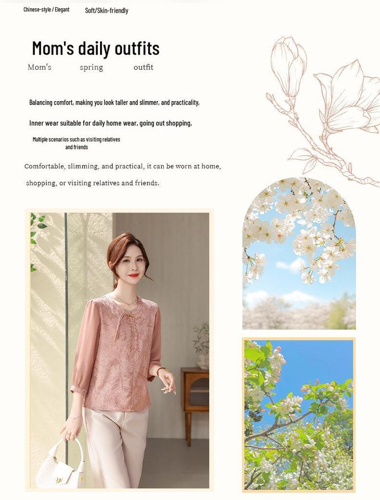 Stylish Summer Printed Top with Three-Quarter Sleeves for Middle-Aged and Elderly Women