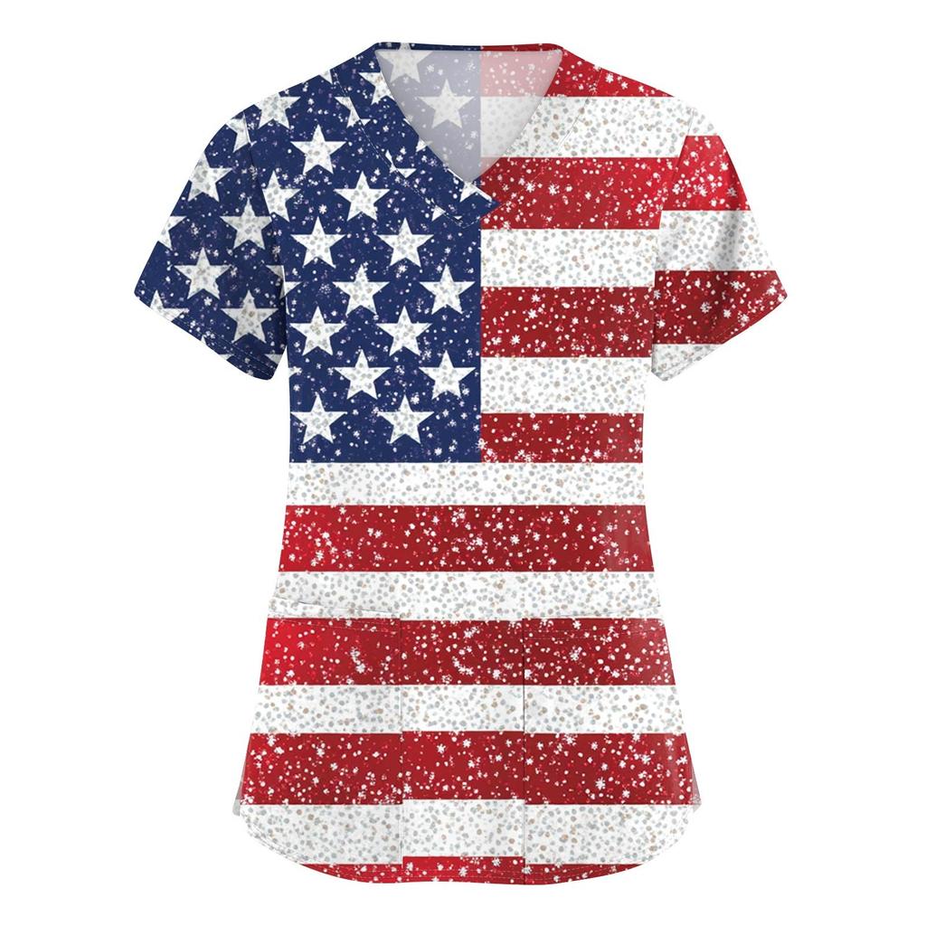 Women's Short Sleeve Independence Day Printed V-Neck Pocket Workwear Top
