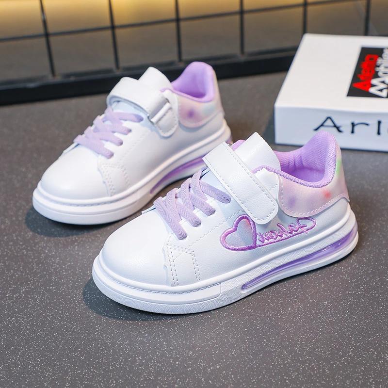 

Kids Fashion Girls Casual Sport Shoes Simple Non-slip Love Embroidery White Skate Shoes Soft Breathable Children Sneakers Soft 26 фиолетовый