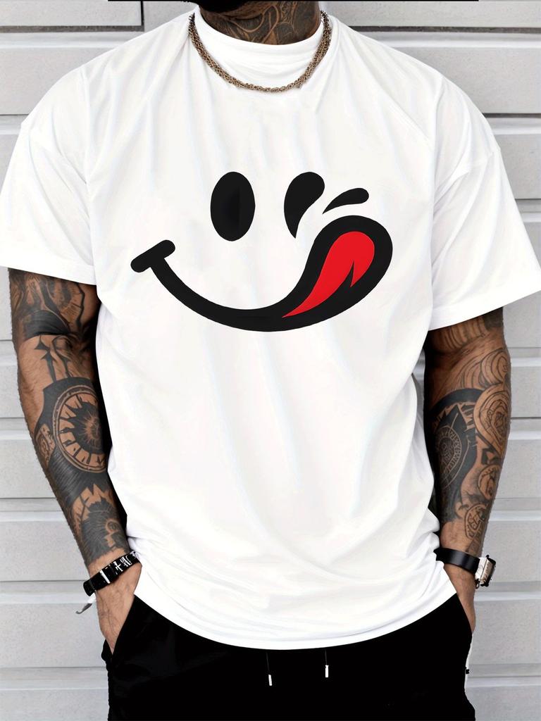 Unisex White Summer Tee Wink Smile Red Tongue Print Loose Oversized Streetwear Daily Casual Crew Neck Unisexs Short Sleeve Basic Top