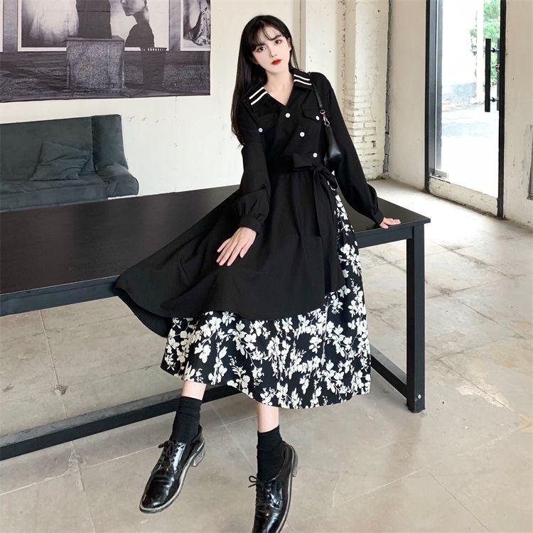 Retro design knee-length skirt large size waist splicing floral pendulum irregular dress