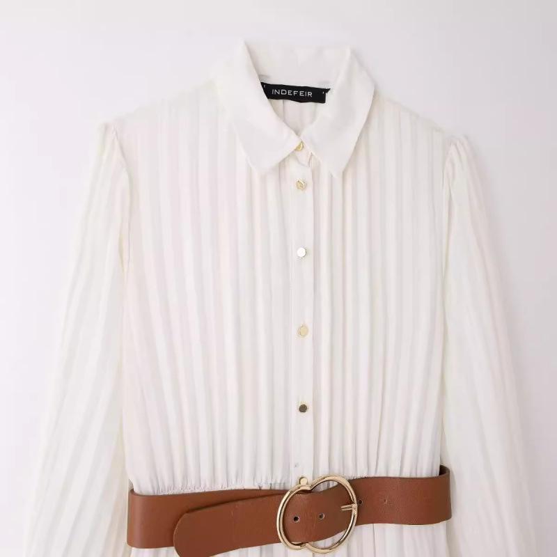 European & American Women's Midi Pleated Shirt Dress with Belt - Summer Collection