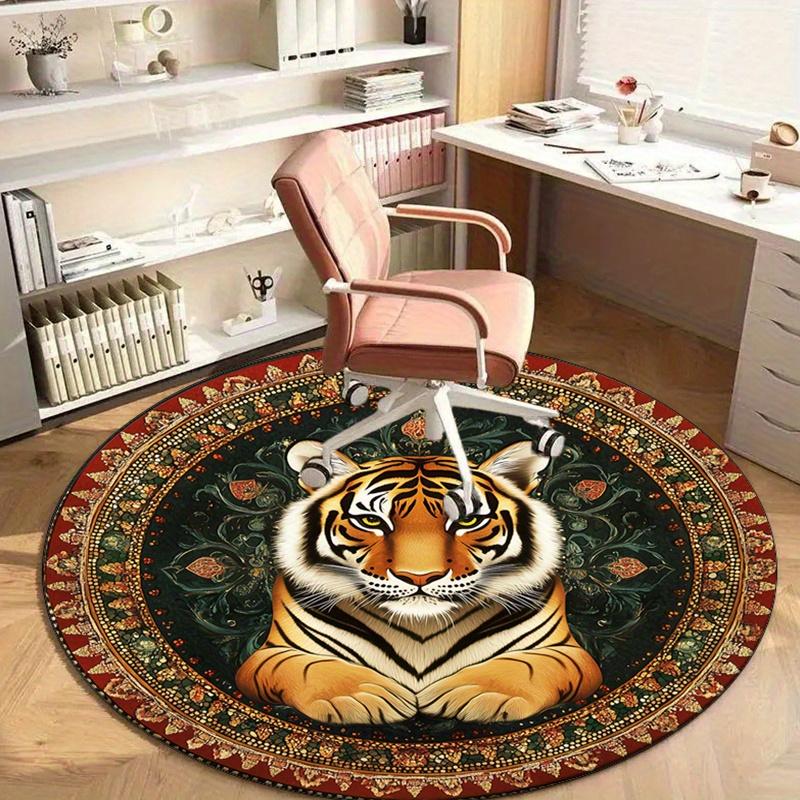 Tiger Mandala Animal Print Round Crystal Velvet Rug Oriental Pattern Decorative Floor Mat for Living Room Bedroom Home Decor Art