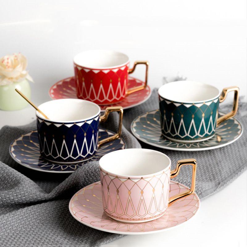 Coffee Cup and Saucer Set with Gold Rim, Ceramic Afternoon Tea Drinkware, Household Mug, British Style Luxury, 220ml