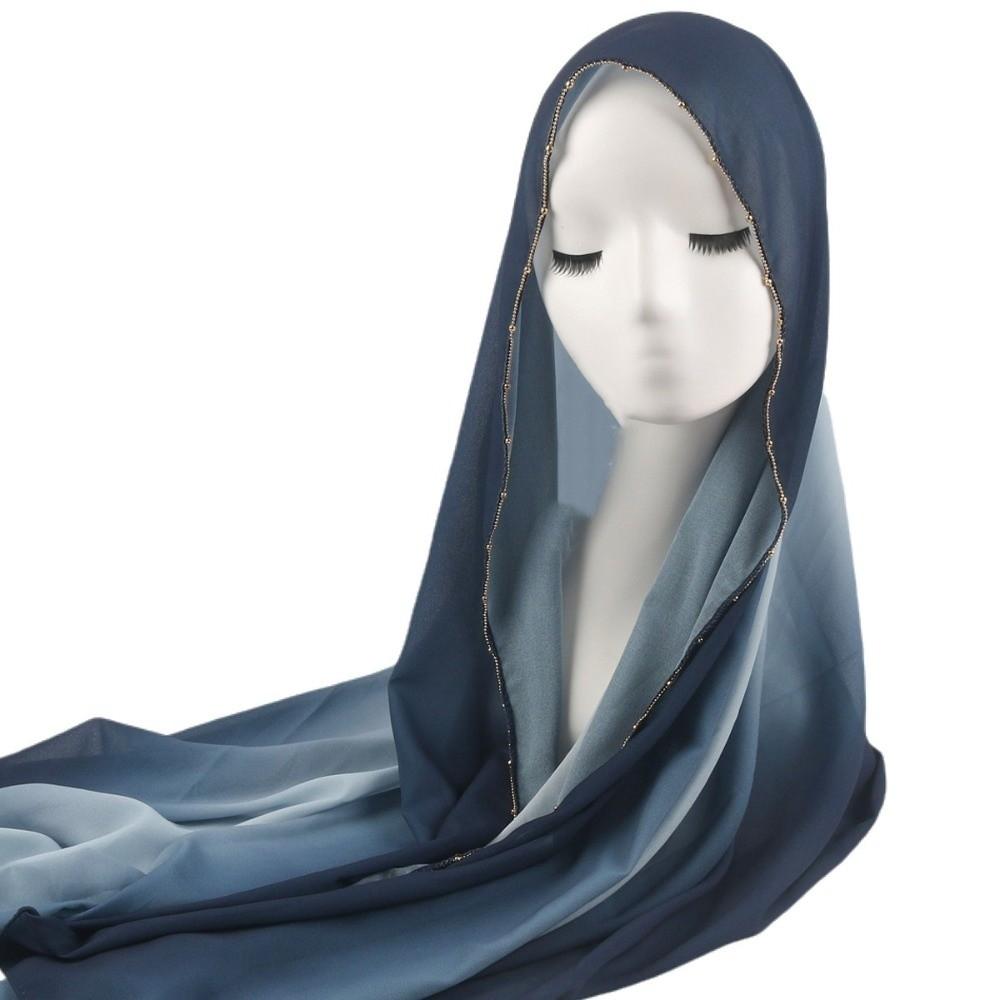 Beads Chain Headscarf Gradient Double Colors Islamic Turban Elegant Ethnic Style Scarf  Female