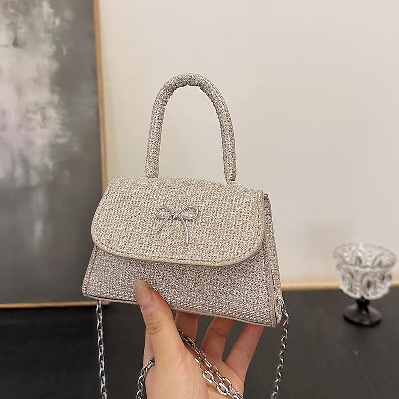 2025 New Bow High-end Fairy Simple High-value Shoulder Messenger Bag Silk Thread Shiny Small Square Bag