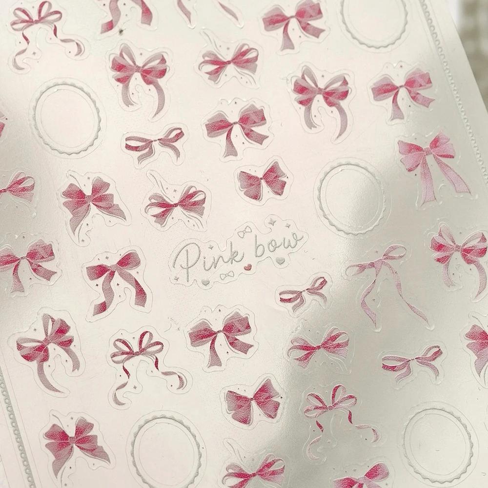 Shiny Red Bowknot Bow Tie Silk Ribbon Butterfly 5D Nail Art Sticker Pearl Rhinestones Self Adhesive Decoration Manicure Decal