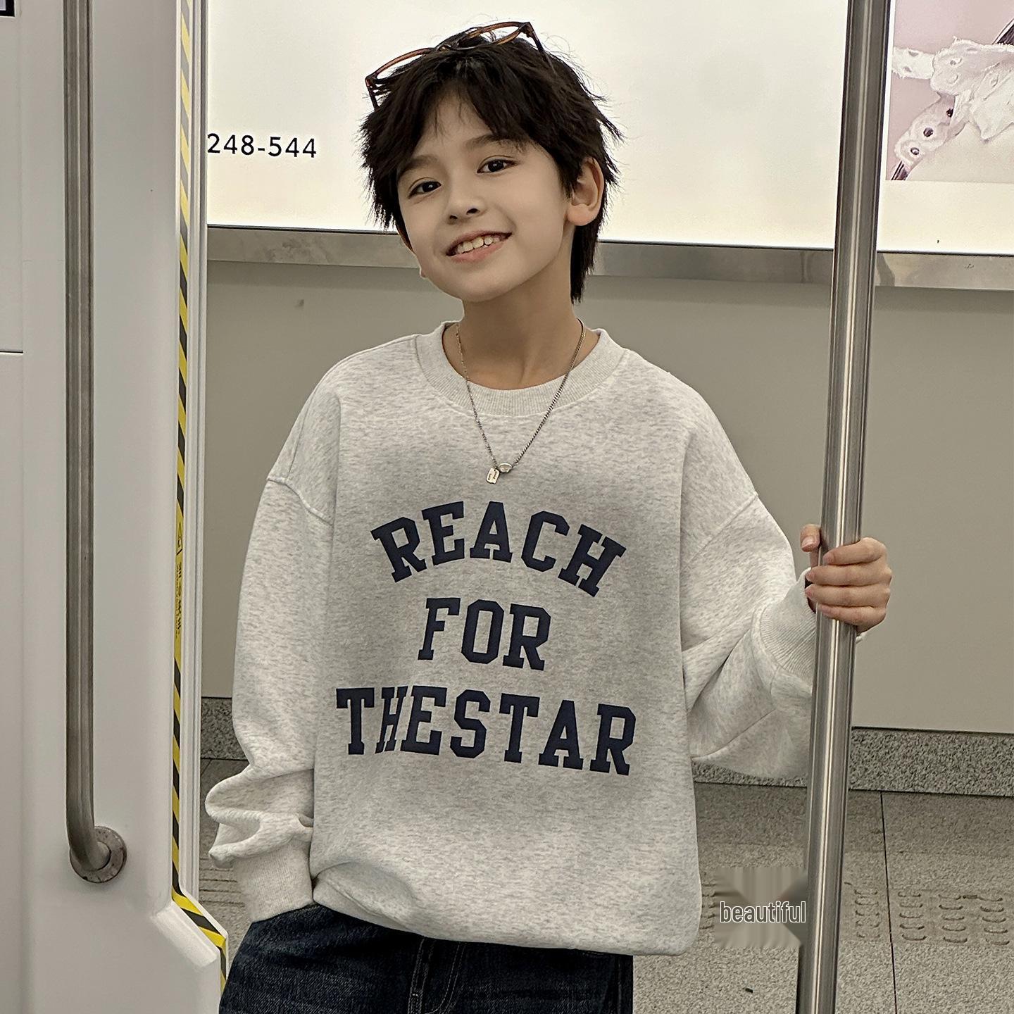 

Boys Spring 2026 Crew Neck Pullover Hoodie - Casual Fashionable Long Sleeve for Medium and Large Children 140cm хізер сірий колір