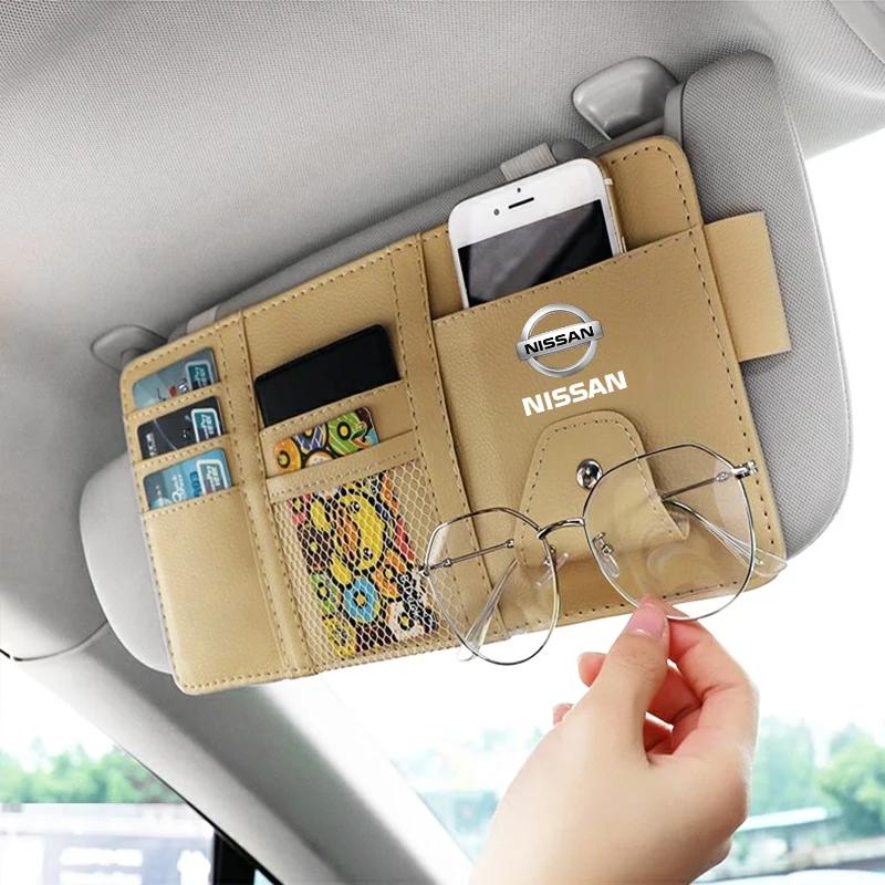 New Car Leather Sun Visor Storage Clip Light Shield Storage Bag For Nissan Nismo Tiida Teana Skyline Juke X-trail Almera Qashqai