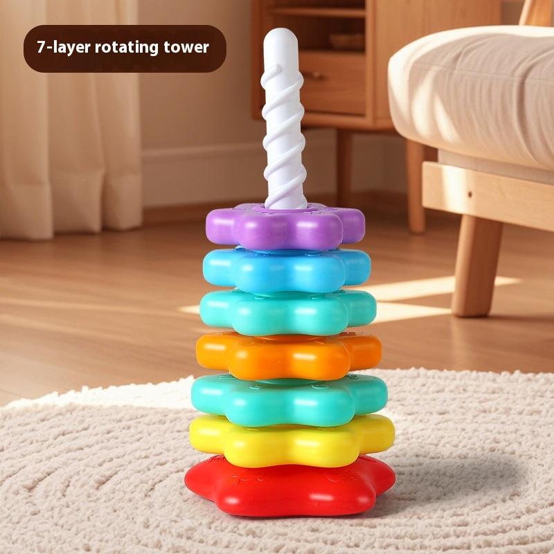 1 Set Montessori Rotating Rainbow Tower Baby Stacking Toys Children Develop Motor Skills Game Spinning Stacking Toy Gifts