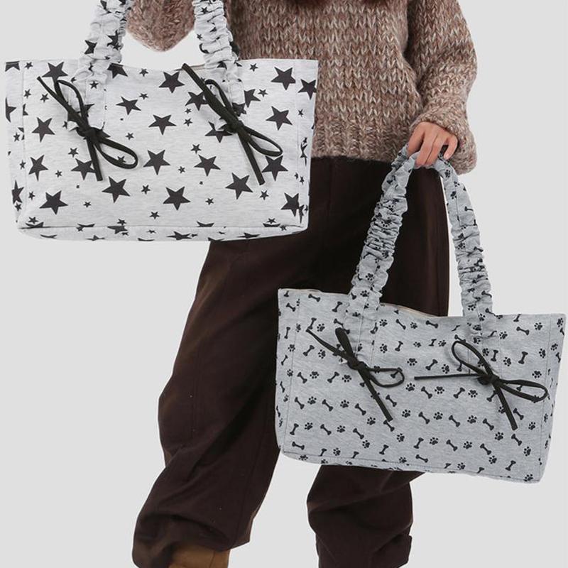 Striped & Polka Dot & Star Print Tote Bag With Bow Design Large Capacity Casual Shoulder Bag Lightweight Daily Commute Handbag