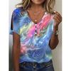 Women's Summer V Neck Buttons Tie Dye Printed Short Sleeve T-shirt Ladies Top