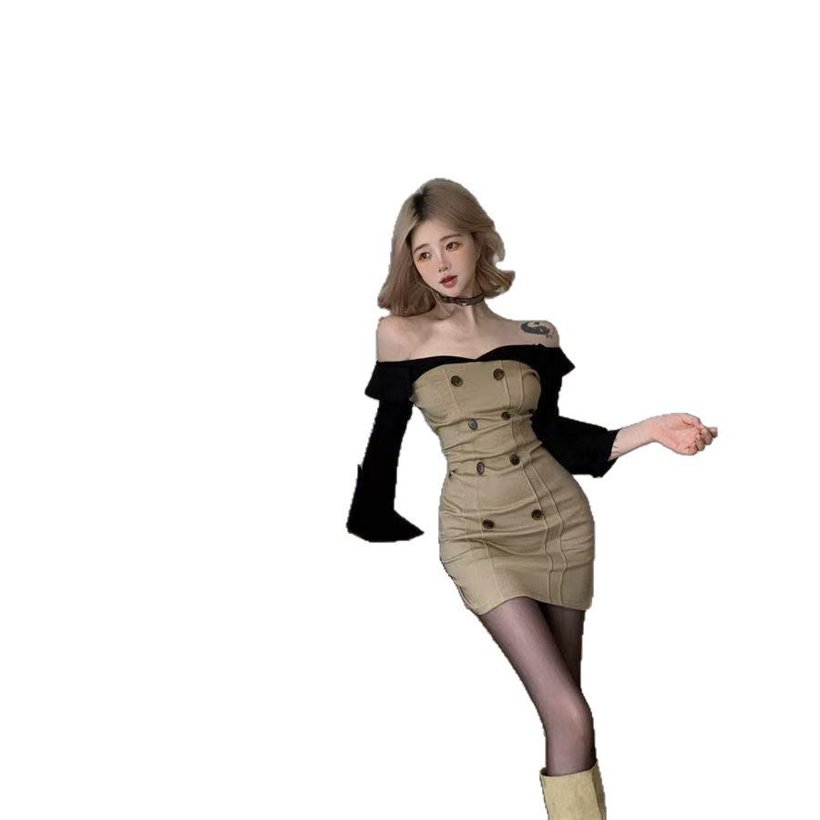 Patchwork Off-Shoulder Long-Sleeve Bodycon Dress with Waist-Cinching Design for Women - Autumn Hip-Hugging Short Skirt.
