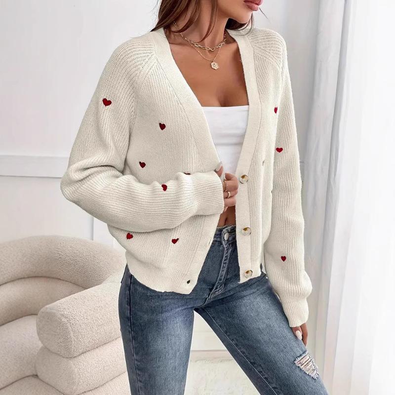 European and American knitted tops autumn and winter women's clothing fashion red heart jacquard V-neck sweater women's versatile long-sleeved jacket