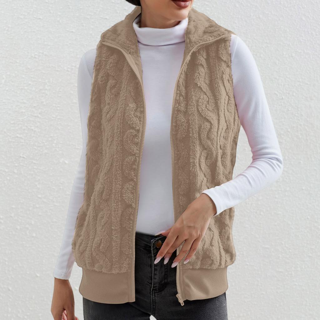 Fashionable Ladies Plaid Comfortable Fleece Cardigan Vest Stand Collar Sleeveless Women's Jacket