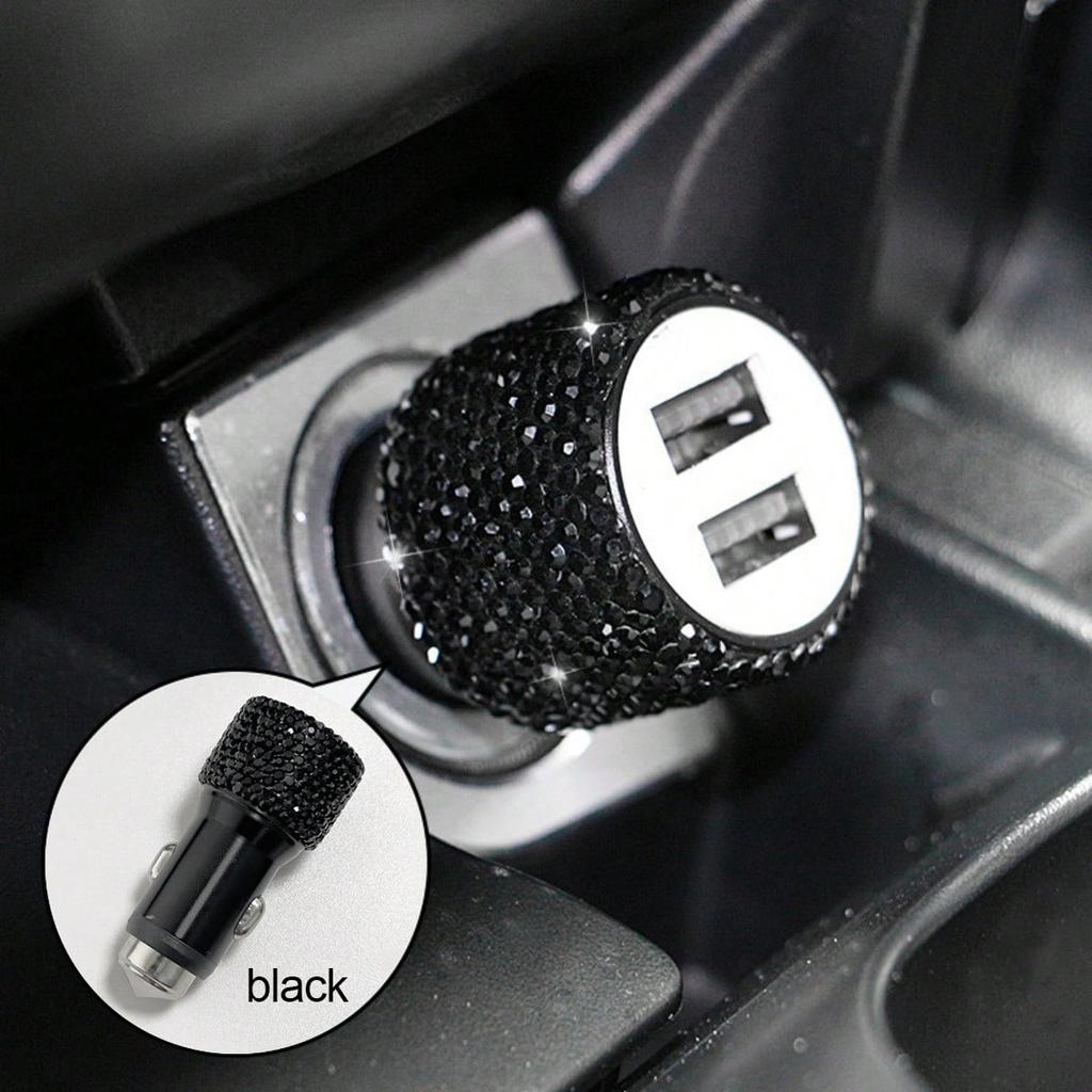 1pc Bling Bling Rhinestone Studded Car Charger, Fast Charging, USB A/C Car Phone Charger, Heart-Shaped LED Display Rhinestone Car Charger Adapter