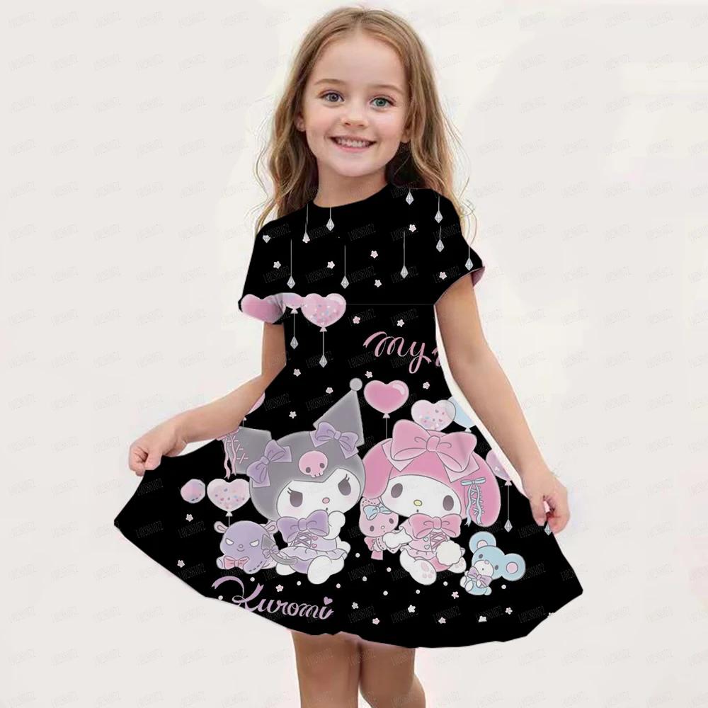 New Summer Girls Dress Fashion Cartoon Cute Cinnamoroll &Hello Kitty 3D Printing Dresses Kids Short Sleeve Princess Clothing