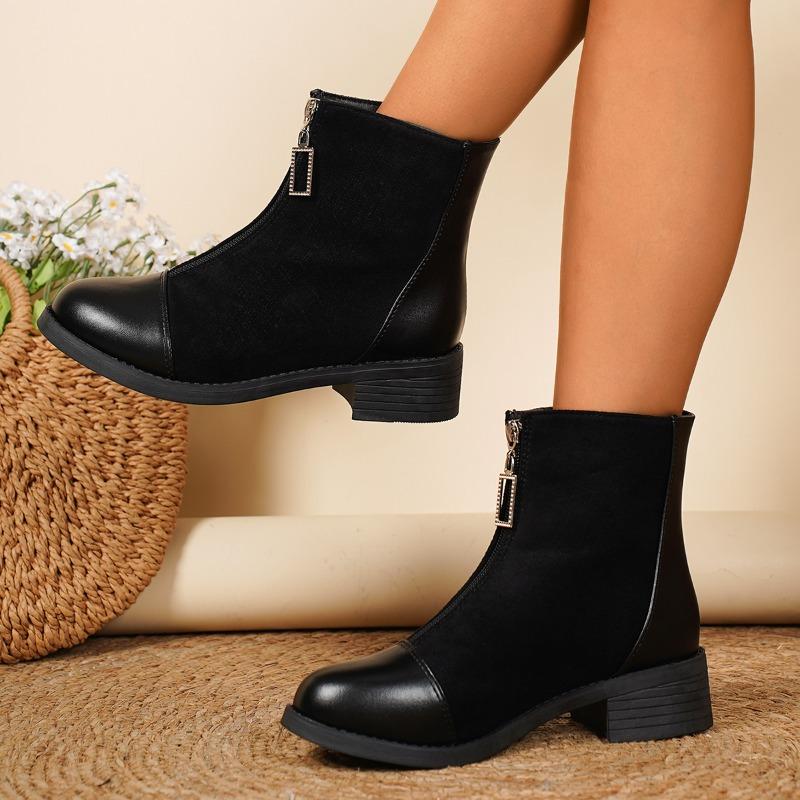 Fashion Spliced Suede Low-Heel Single Boots Autumn New Round Toe Zip Soft Sole Anti-Slip Wear-Resistant Short-Thigh Boots