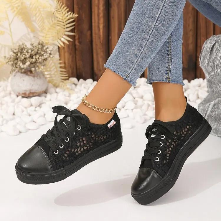 Women's white lace canvas sneakers, fashionable casual summer shoes, breathable thick sole breathable sneakers
