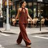 Versatile Women Outfit Summer 2 Piece Sets for Women, Halter V Neck Backless Top Breathable Fabric Suit And Wide Leg Pants Matching Set, Casual