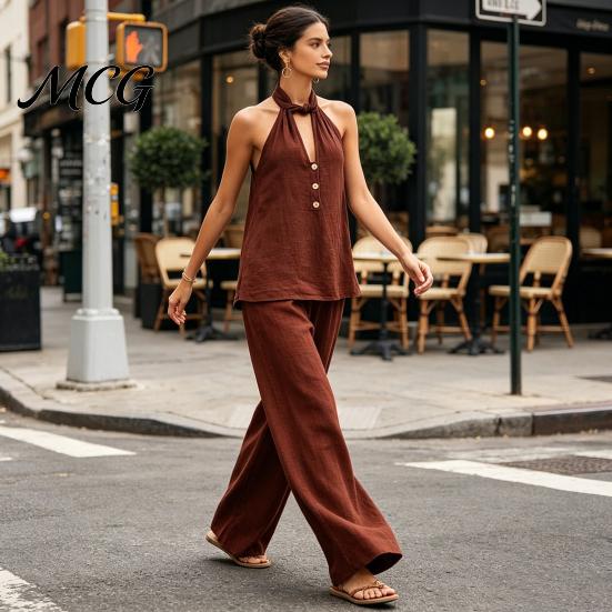 Versatile Women Outfit Summer 2 Piece Sets for Women, Halter V Neck Backless Top Breathable Fabric Suit And Wide Leg Pants Matching Set, Casual