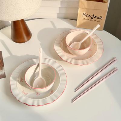 6Pcs Bow Ceramic Set, Cute Food Bowl and Plate Combination Rice Bowl, Household Plate and Spoon, Suitable for Daily Use, Office Mea