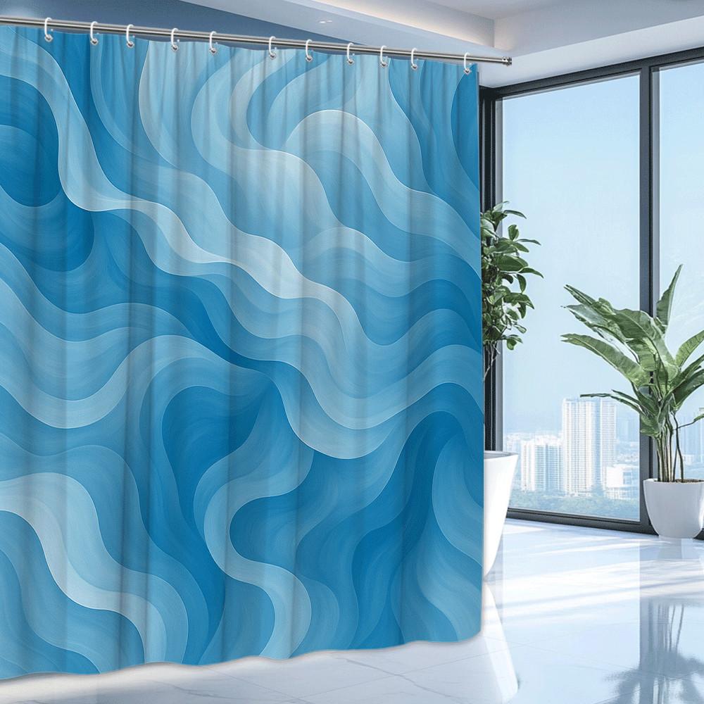 Blue Wave Pattern Shower Curtain Machine Washable All Season Waterproof Privacy Protection Abstract Design Modern 12 Hooks