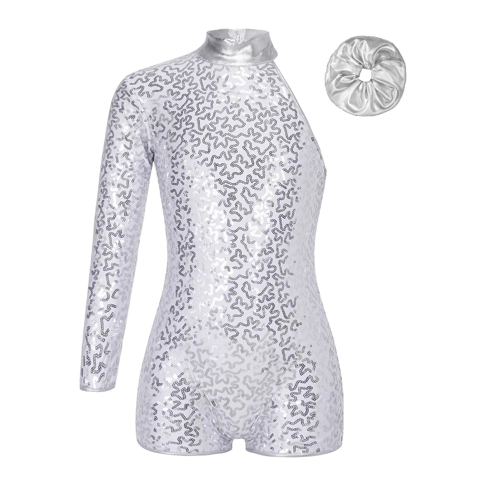 

Girls Jazz Dance Leotard One Shoulder Long Sleeve Shiny Sequins Invisible Zipper Back Metallic Hair Band 5-6 Years срібний